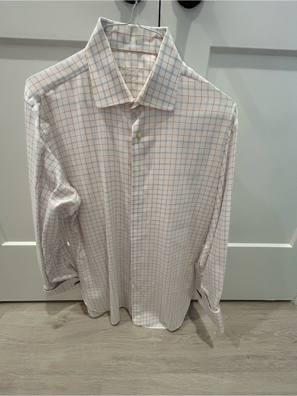 Men's White Windowpane Dress Shirt with Subtle Blue & Pink Checks